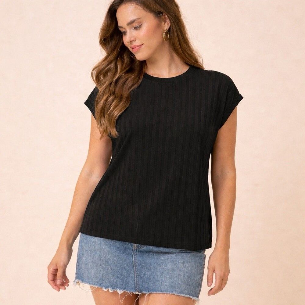 Eileen Fisher Black Ribbed Top M Minimalist Capsule Wardrobe Tencel Tee